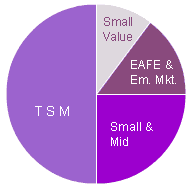 50% TSM,  25% Small and Mid,  15% Foreign,  10% Small Value